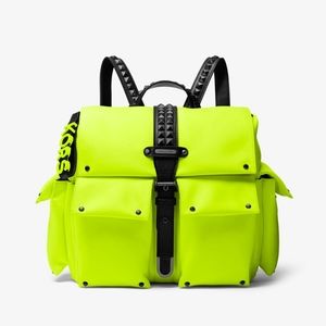 Authentic Michael Kors MK Neon Yellow Olivia Medium Studded Satin Backpack